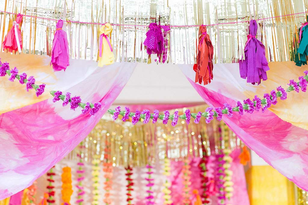 Detail of streamers on colorful Indian Hindu mandap