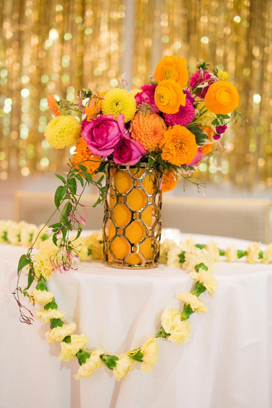 Orange, yellow, and pink wedding Dahlia centerpiece