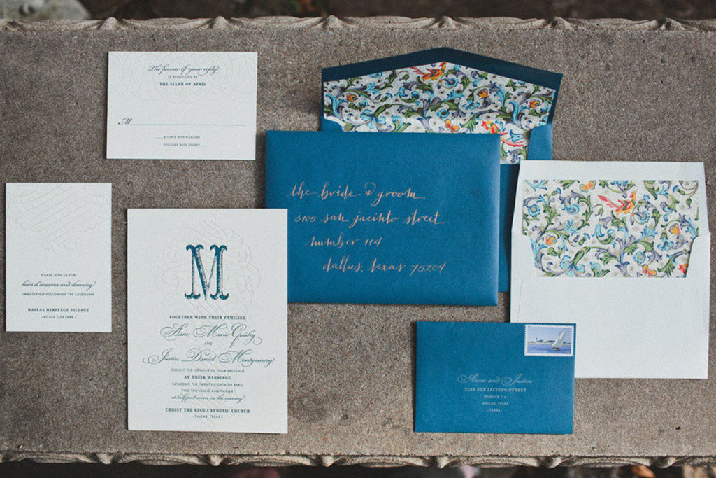 Dallas Letterpress Blue and Gold Wedding Stationery