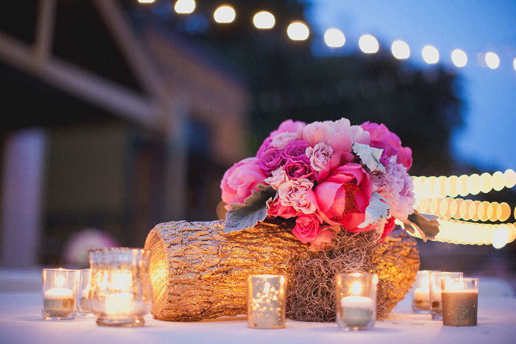 Cafe Lights and Gold Glitter Votives with tree log at Dallas Heritage Village Wedding