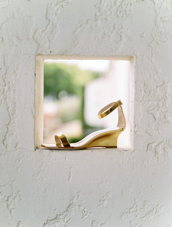 Gold strappy wedge wedding day shoes
