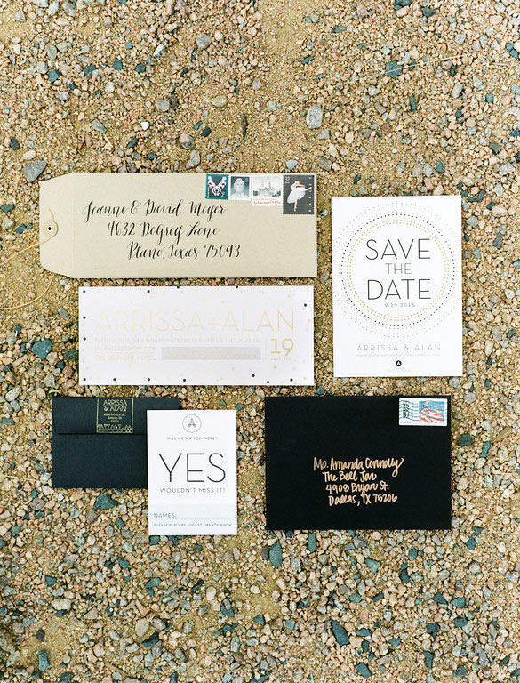 White, gold, and black wedding invitation suite by Chips and Salsa Design