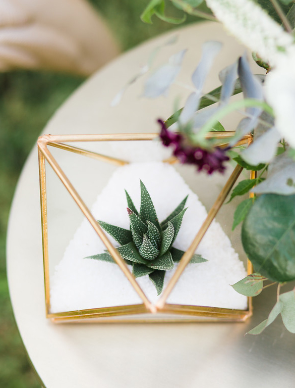 Gold faceted cube terrarium with succulent wedding decor
