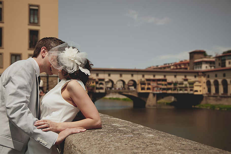 Bride and Groom Portrait Overlooking Ponte Vecchio Florence Italy