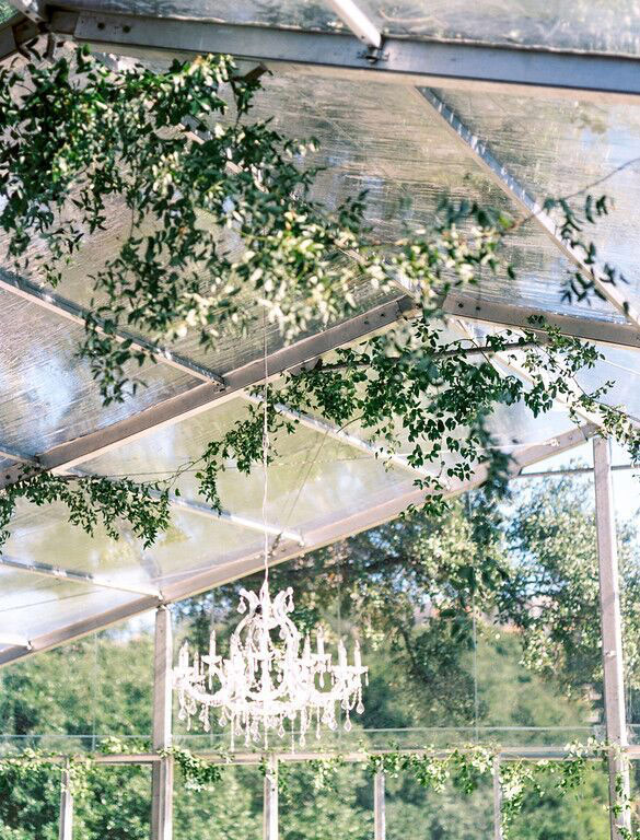 Greenery and chandelier hanging from clear tent