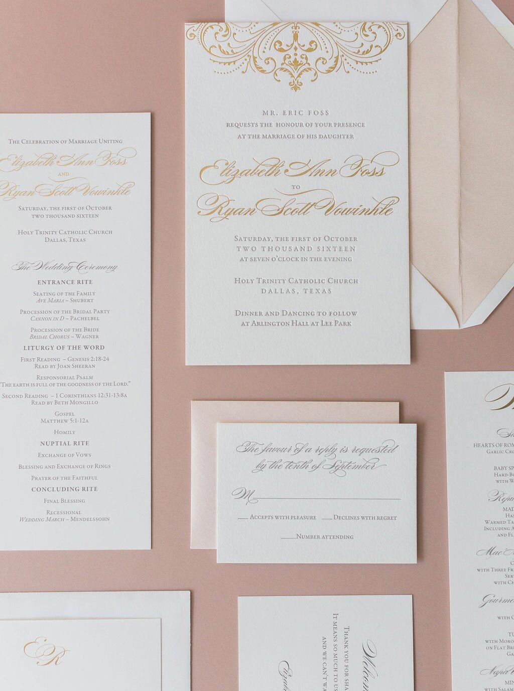 Southern Fried Paper letterpress and gold foil wedding invitation suite