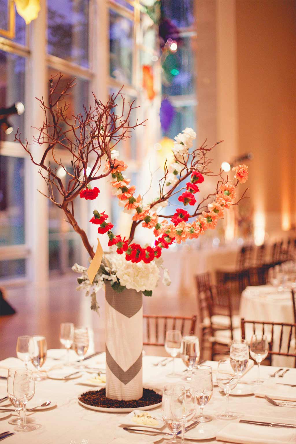 Branch and Carnation Garland Wedding Centerpiece with Spice Table Number Flag