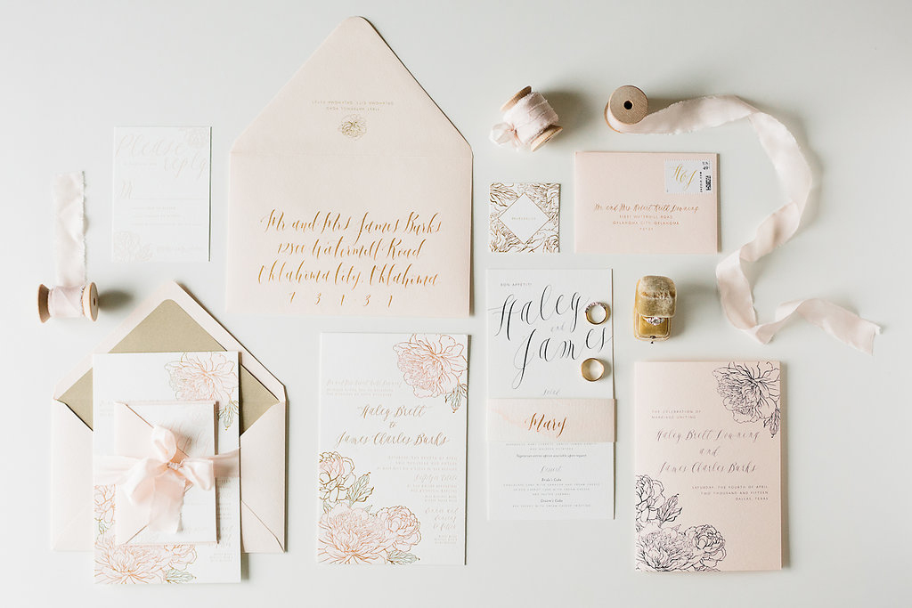 Blush and gold floral styled wedding invitation suite with calligraphy by Blue Eye Brown Eye