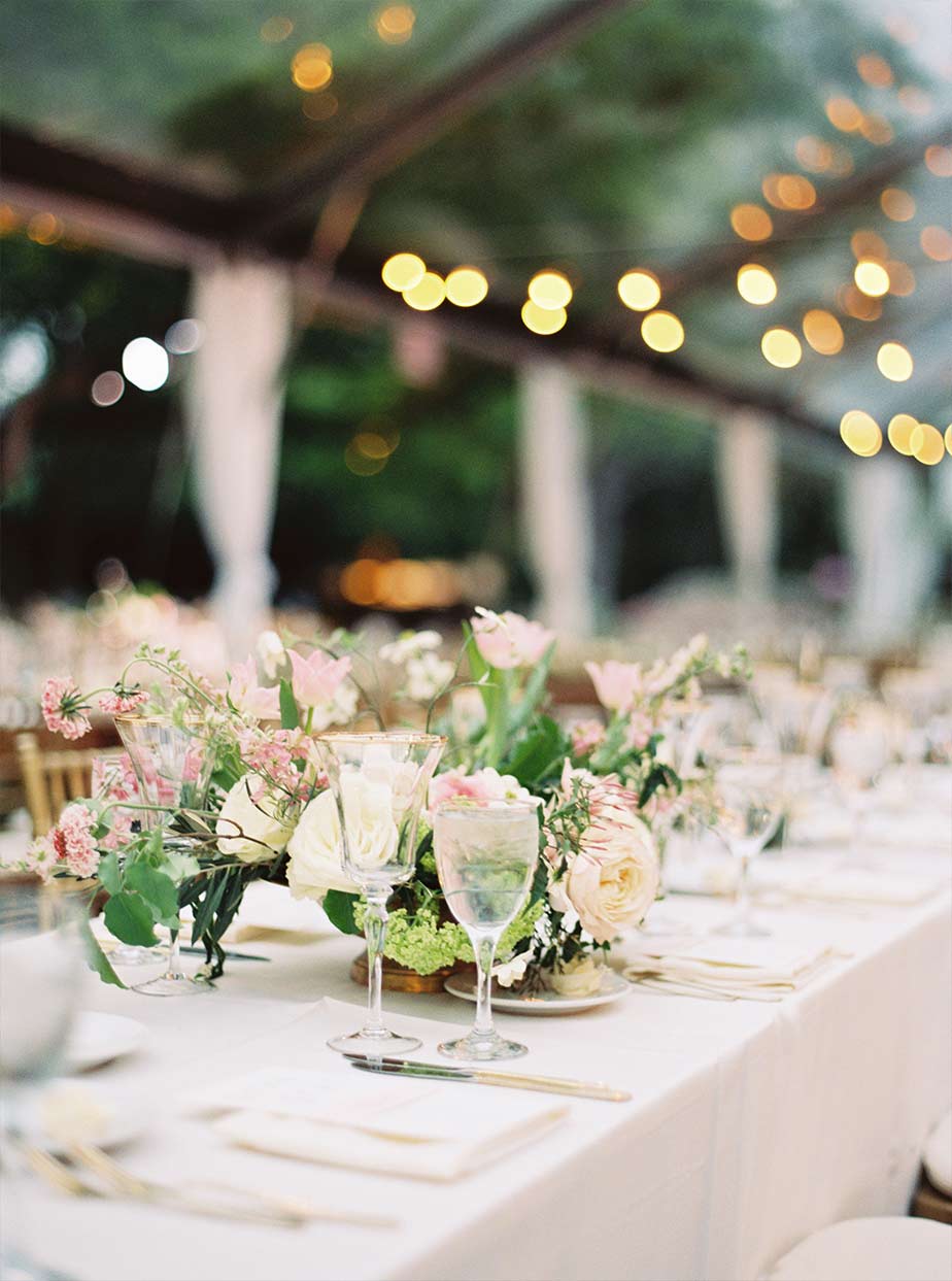 Long wedding reception table detail with cafe lighting and clear tent