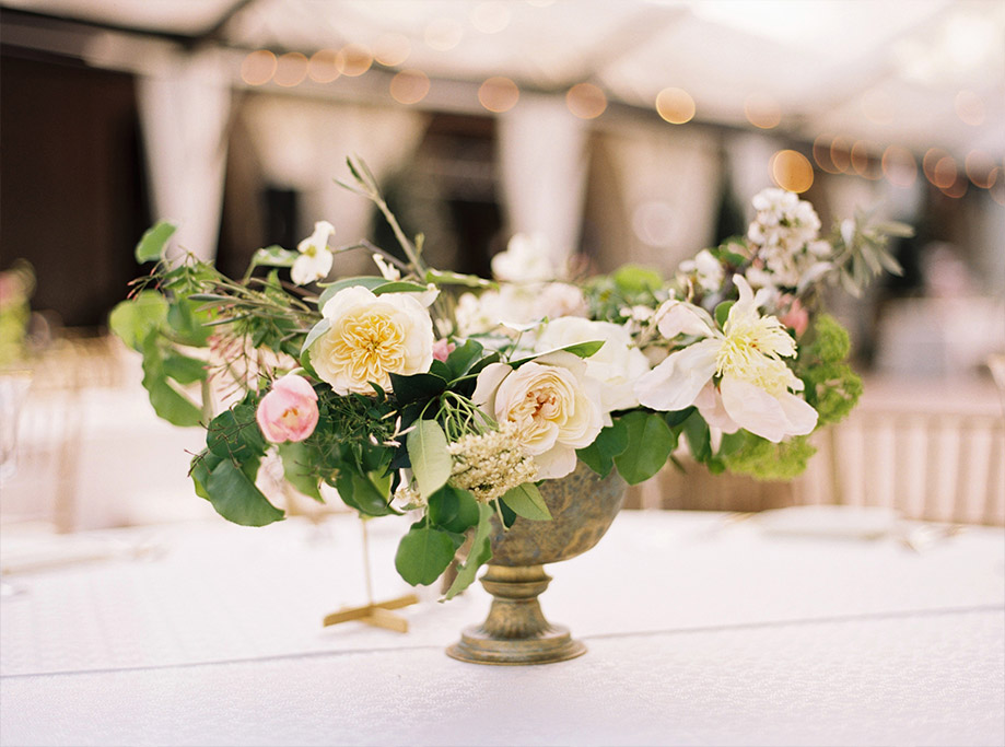 Low wedding reception floral centerpiece