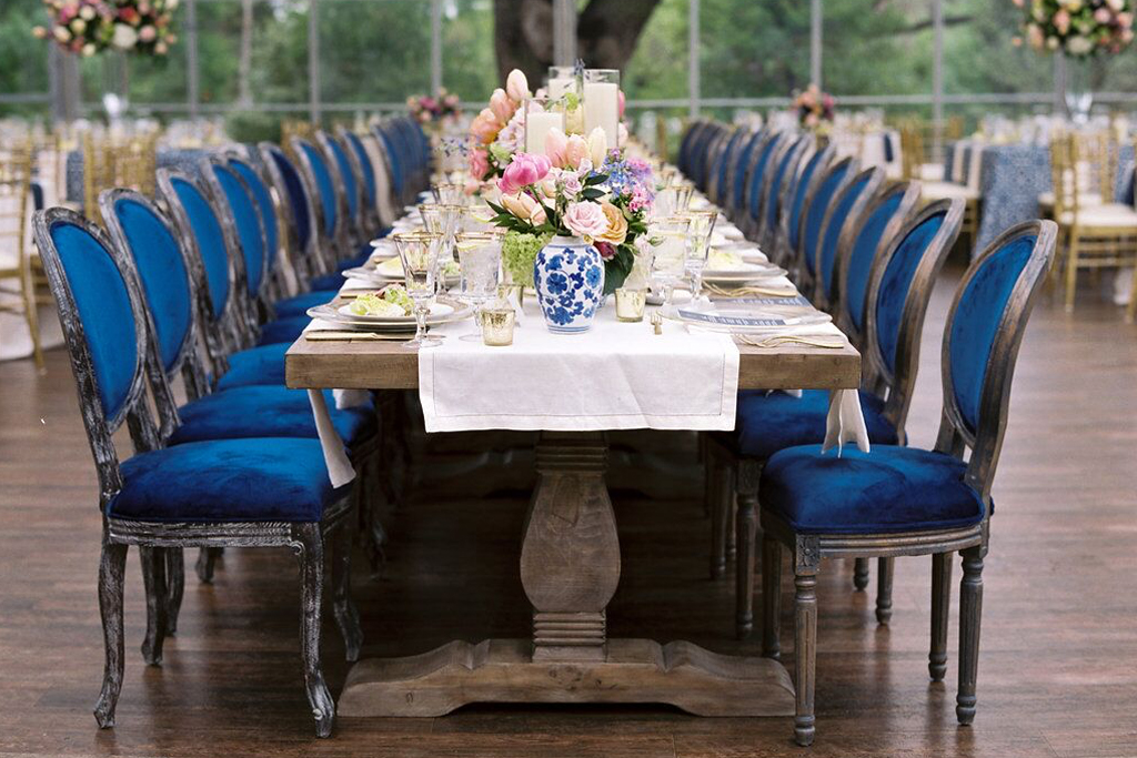 Light Gray Wood Wedding Long Head Table with Blue Velvet Roundback Chairs