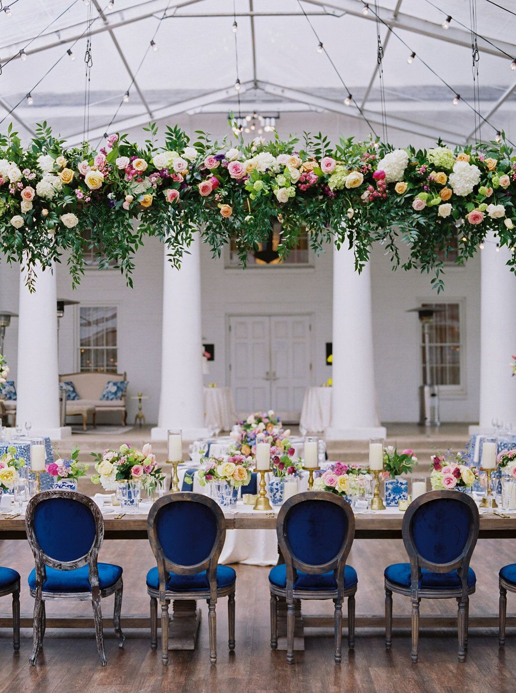 Arlington Hall Tent Wedding Reception with Hanging Floral Installation