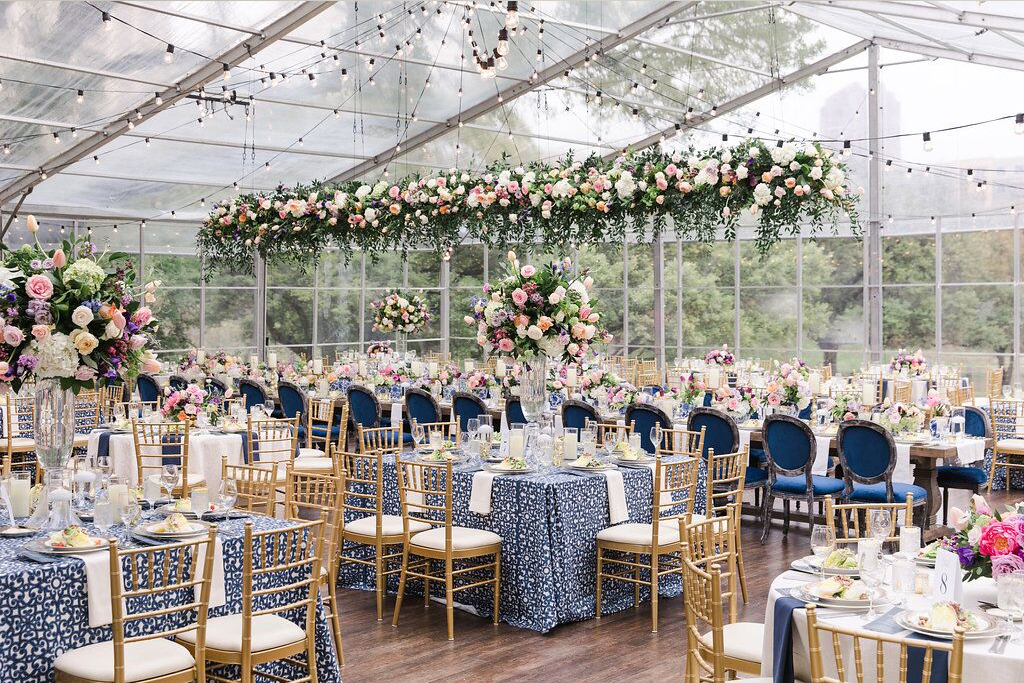 Arlington Hall Clear Tent Wedding Reception with Hanging Floral Installation