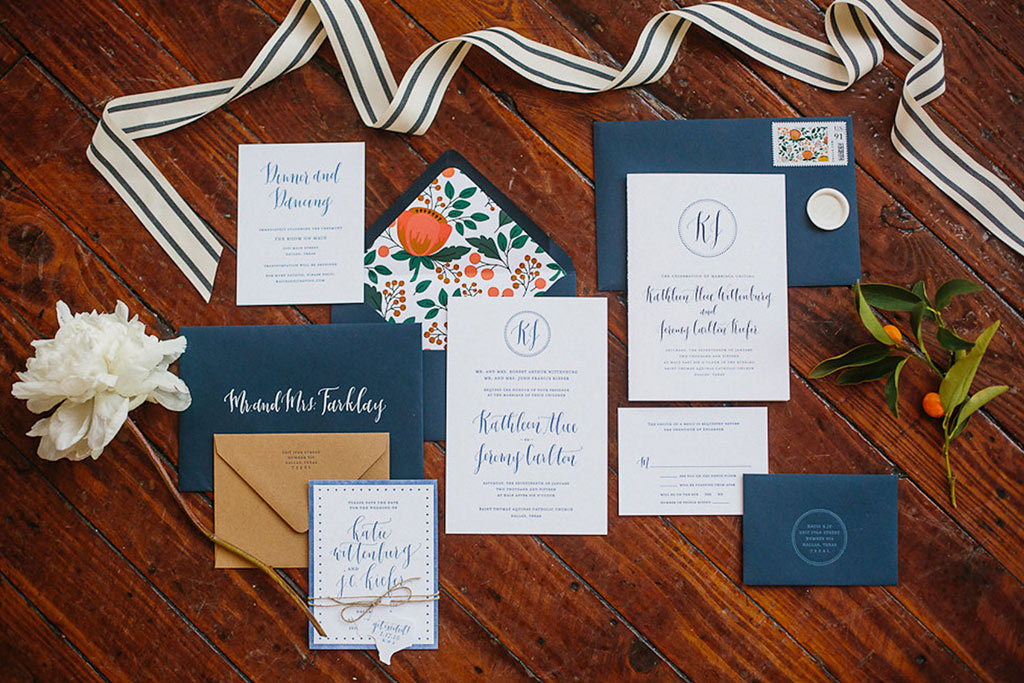 Navy letterpress custom wedding invitation suite with calligraphy by Blue Eye Brown Eye