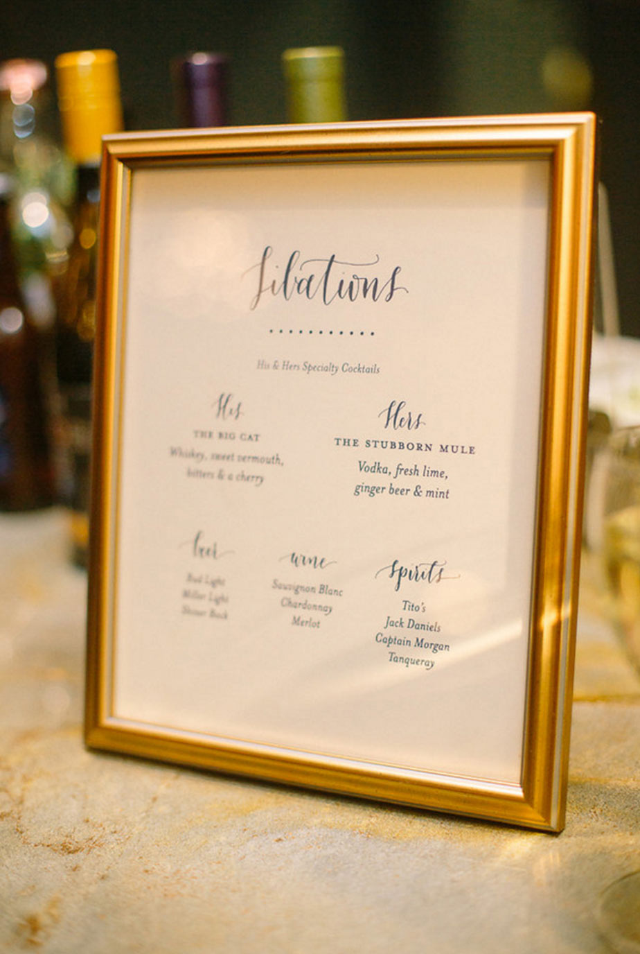 Libations wedding cocktails gold framed sign