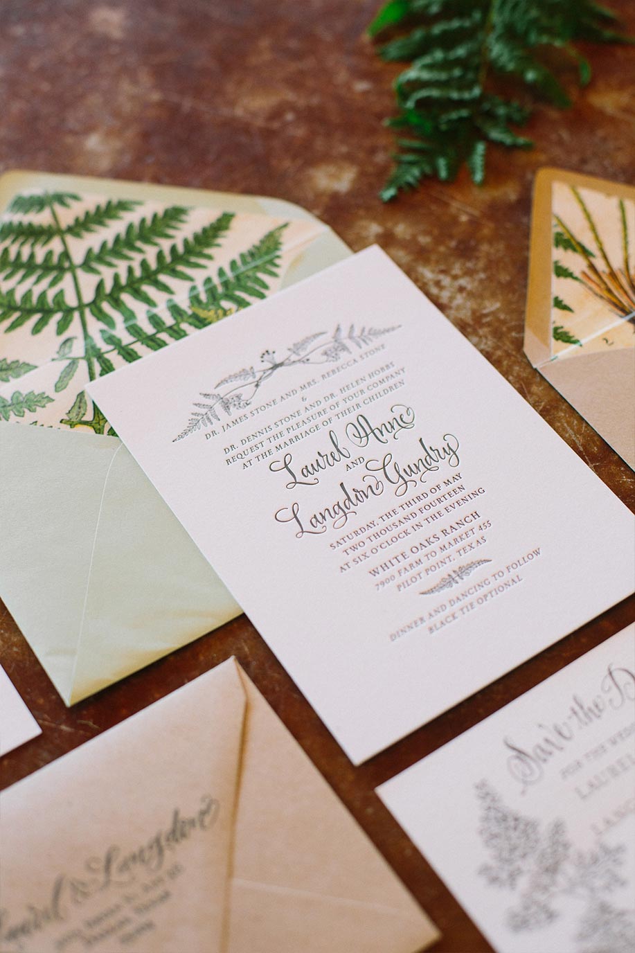 Fern wedding letterpress invitation suite