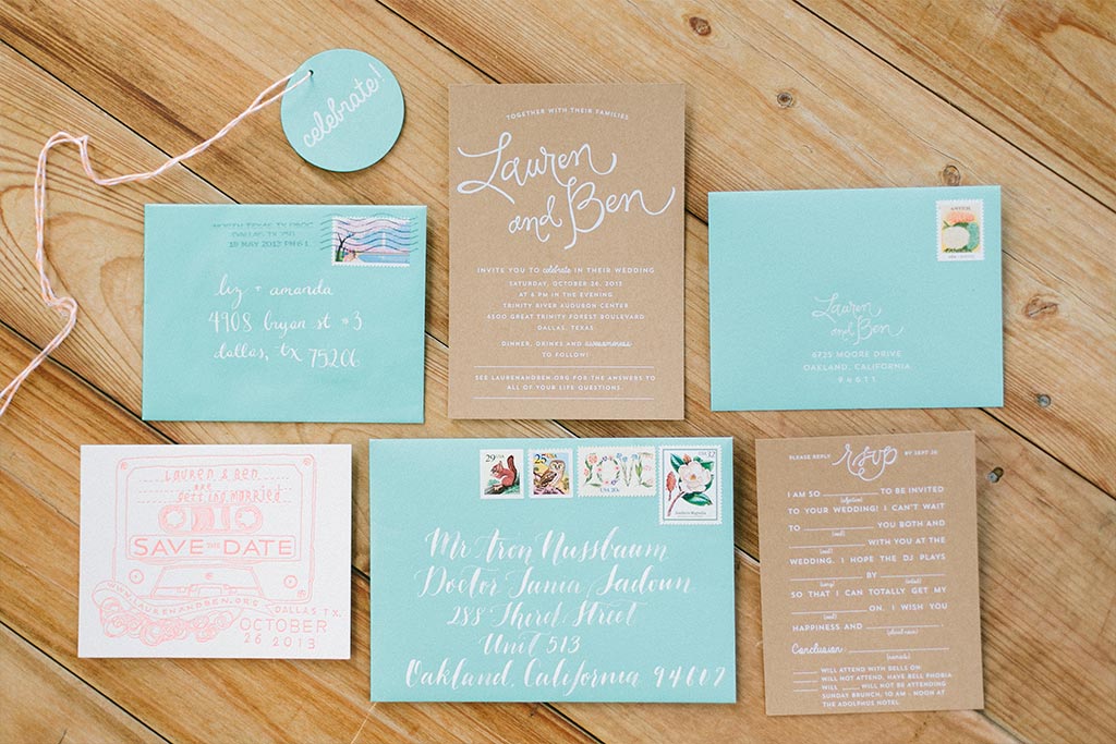 Craft paper and teal wedding invitation suite by Blue Eye Brown Eye