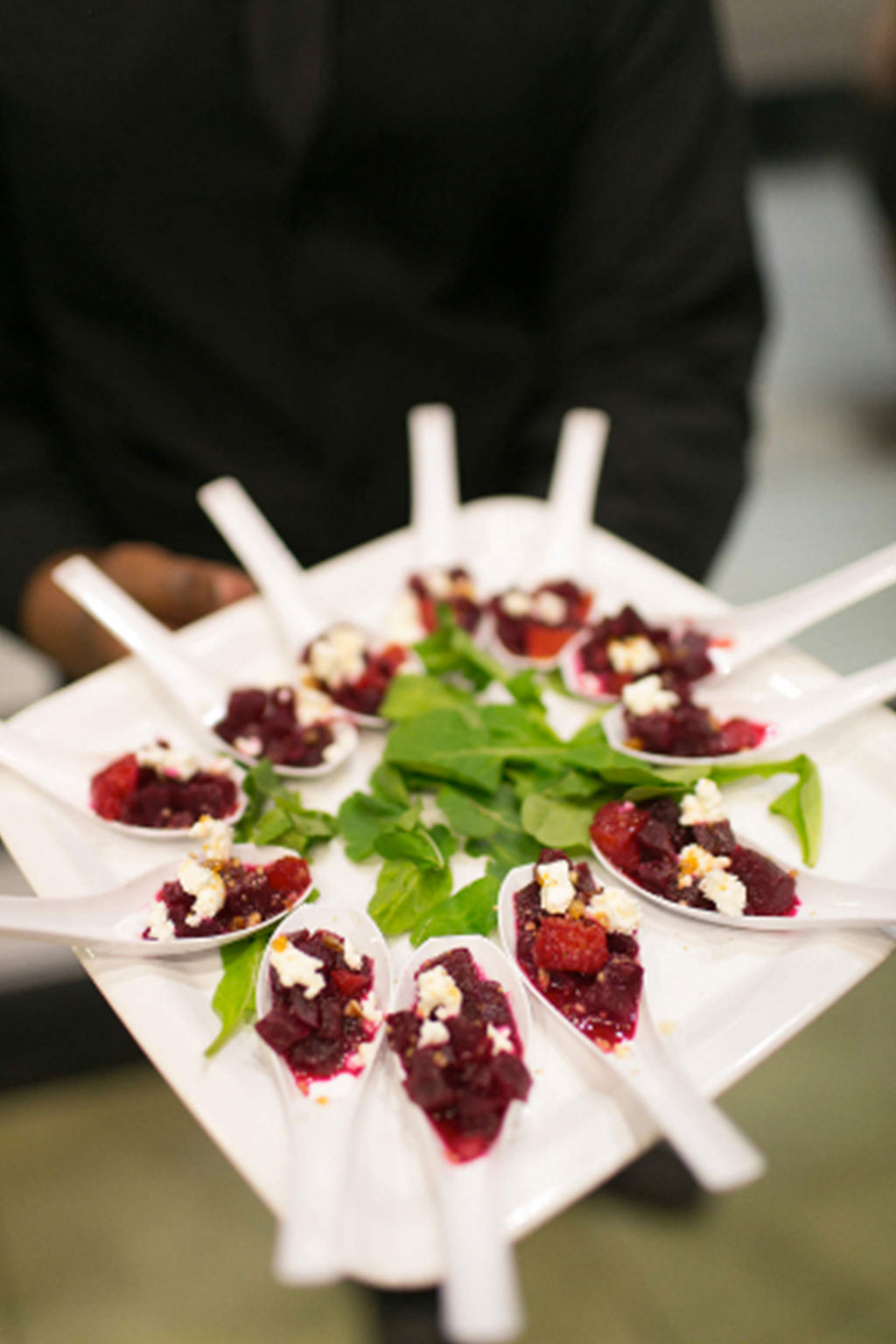 Beet spoon wedding reception hors d'oeuvres by Bolsa Catering