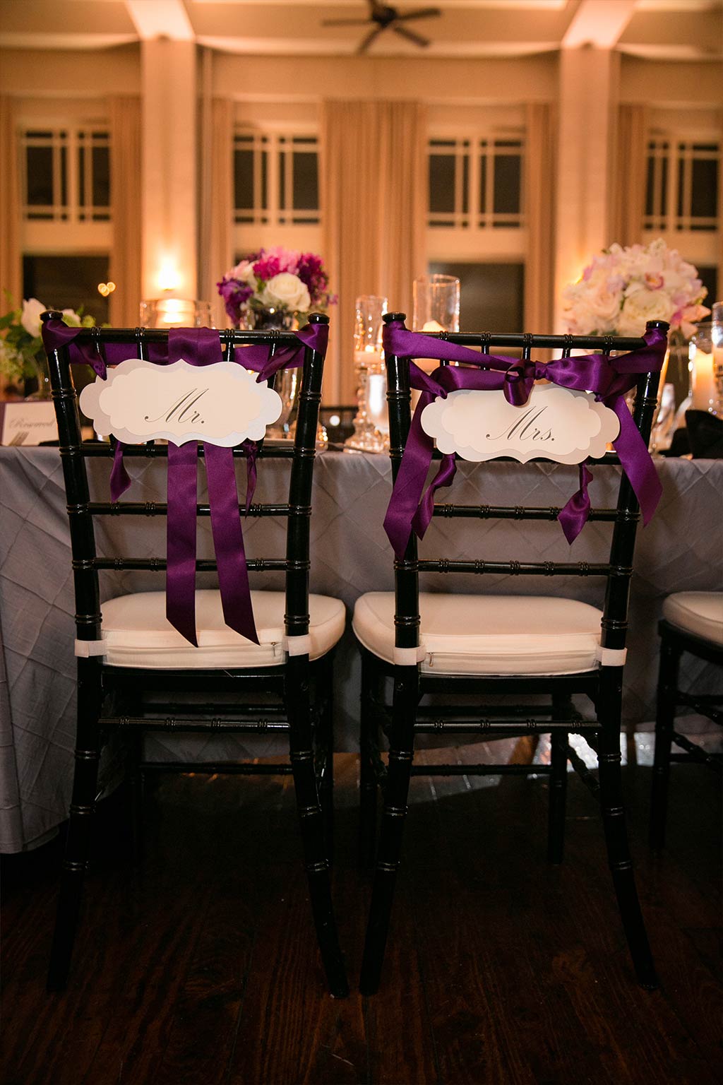 Purple Ribbon Mr and Mrs Chair Signs