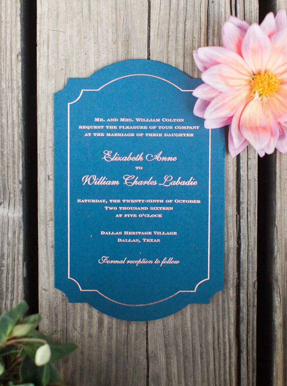 Die cut navy and rose gold wedding invitation