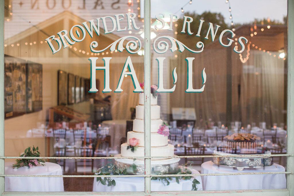 Bowder Springs Hall window sign and weding cake at Dallas Heritage Village