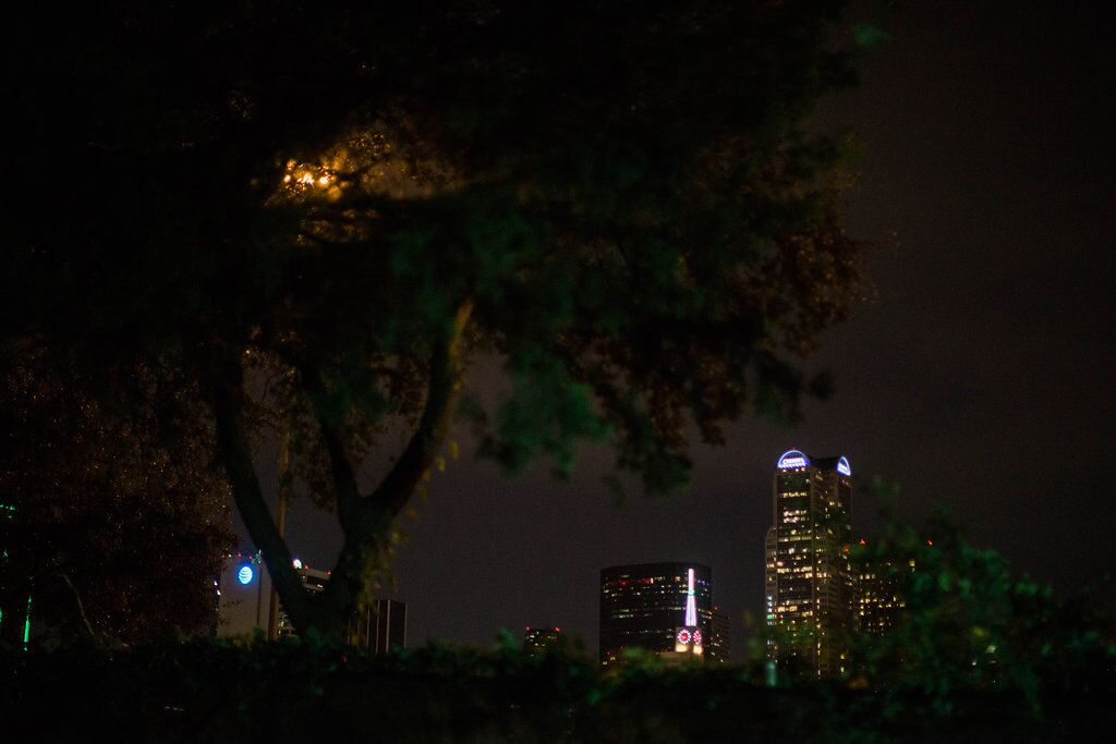 Dallas night skyline view from Dallas Heritage Village Main Street