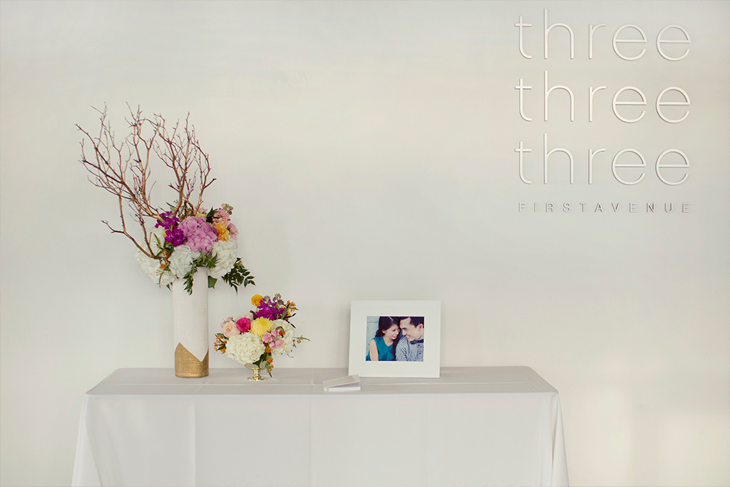 Three Three Three First Avenue entrance table wedding guestbook sign in
