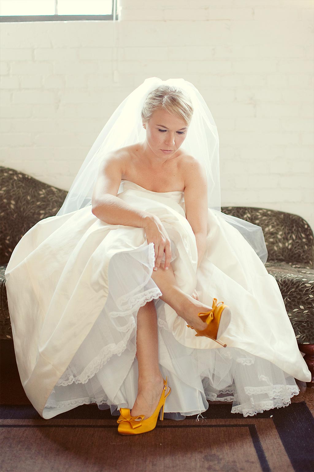 Bride getting ready with Yellow BHLDN shoes