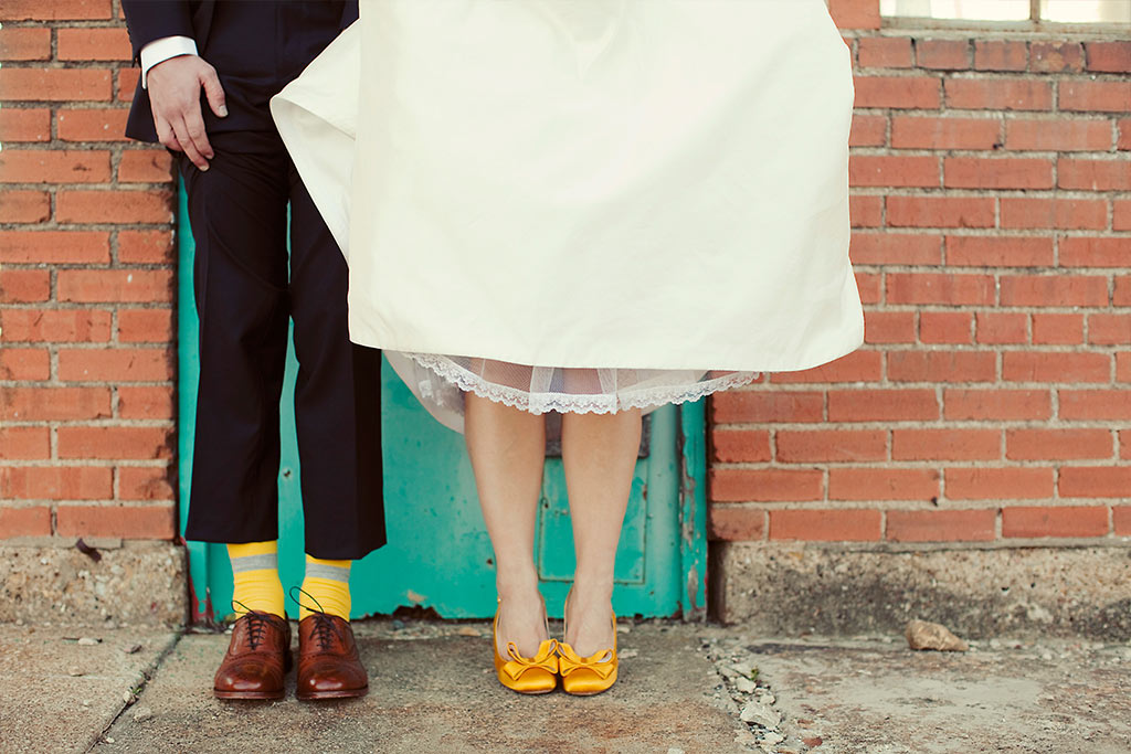 yellow shoes and socks wedding day portrait