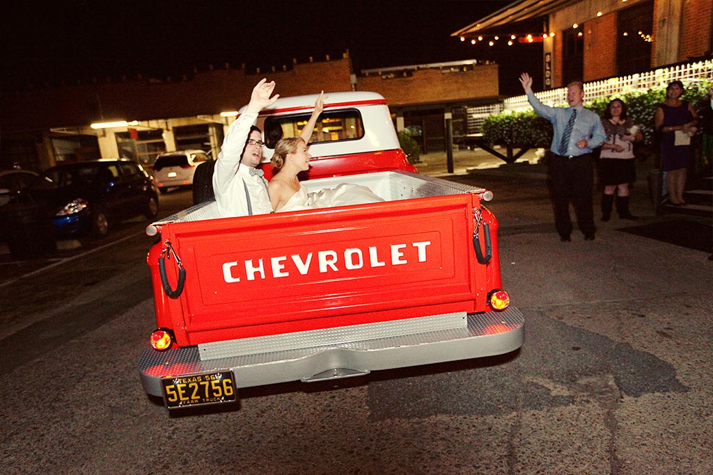 vintage red chevy pickup wedding get away car