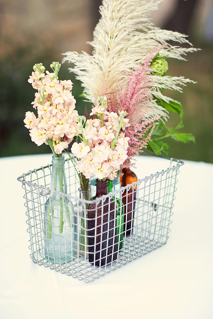 wedding centerpiece collection in antique glass and wire crate