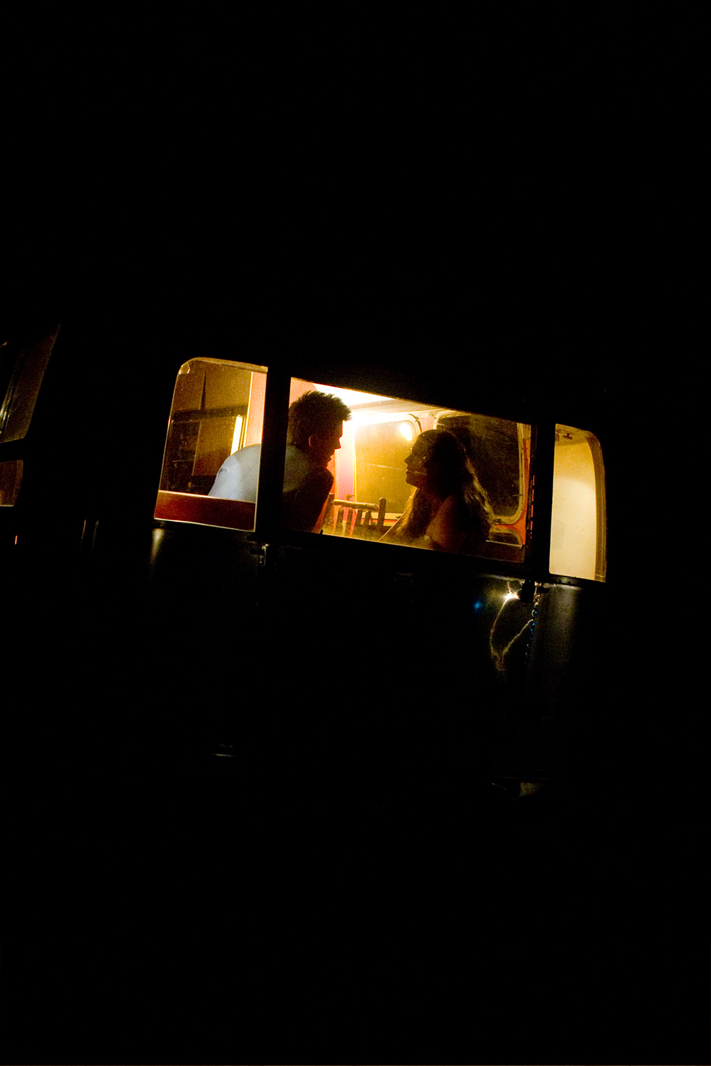 bride and groom after wedding in airstream