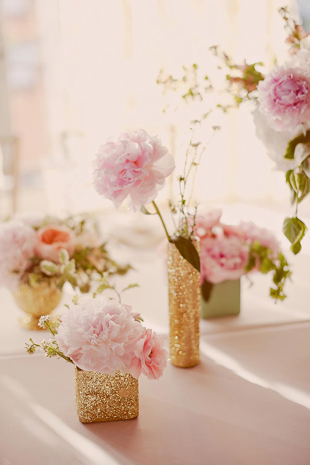 Gold Vases with Pink and Peach Floral Wedding Centerpiece