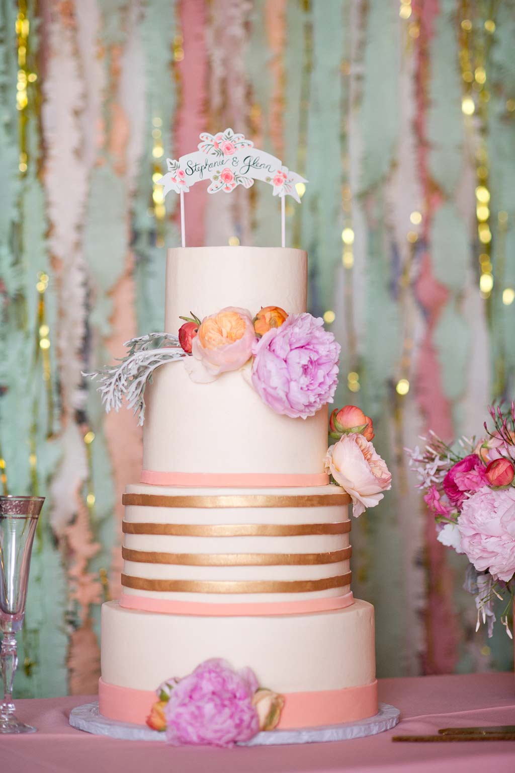 Gold Stripe Wedding Cake with Fresh Flowers