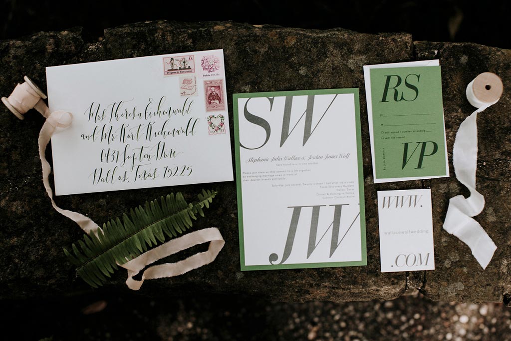 Green, white, and gray wedding invitation suite from Paper Source with guest address calligraphy by Blue Eye Brown Eye