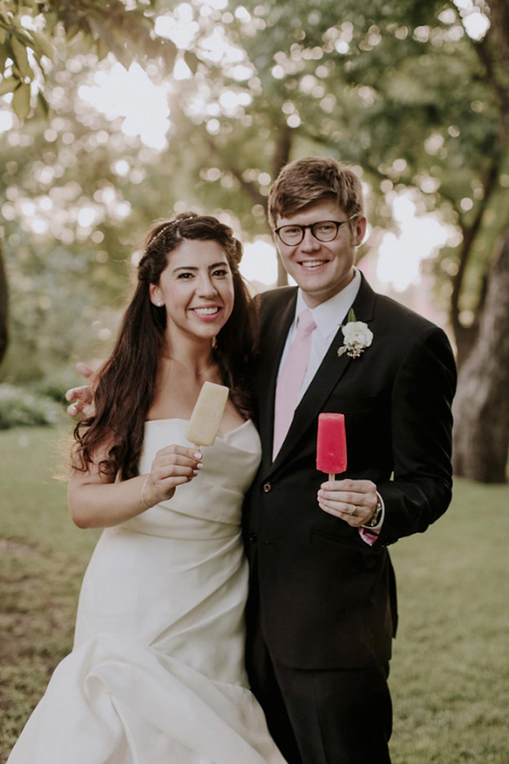 Bride and groom wedding portrait with Steel City Pops popsicles