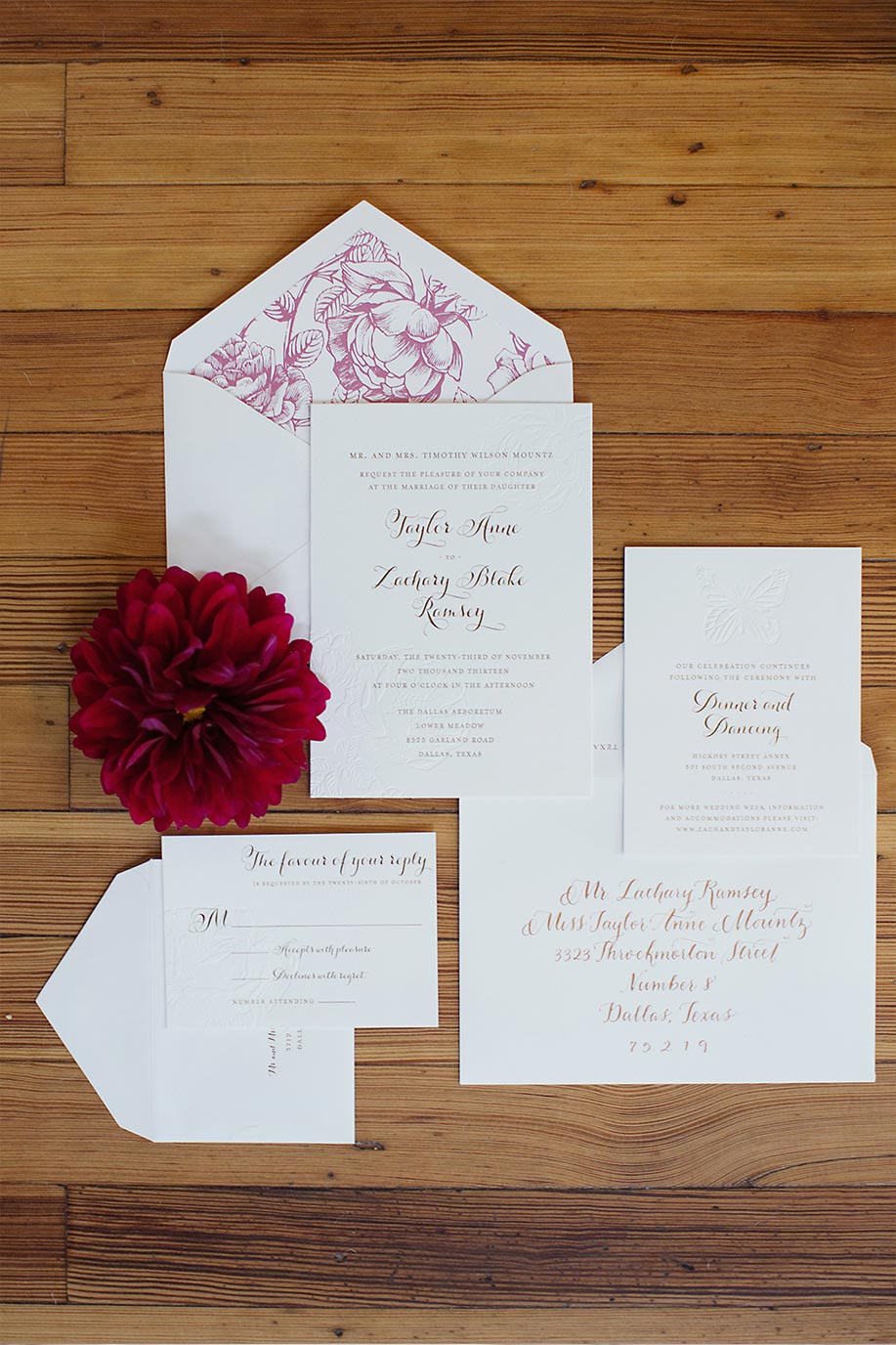 Gold foil wedding invitation suite and calligraphy with purple floral liner by Blue Eye Brown Eye