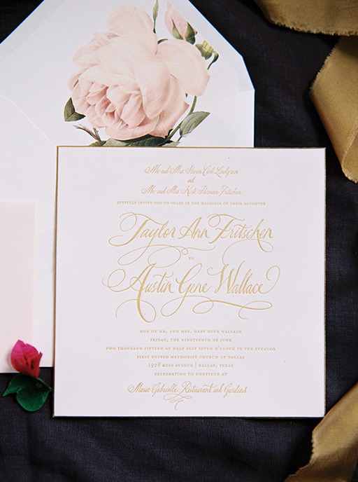 Gold square wedding invitation suite with painted bevel edge and floral liner by Chips and Salsa Design