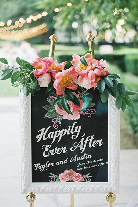 Happily ever after framed sign with floral and greenery